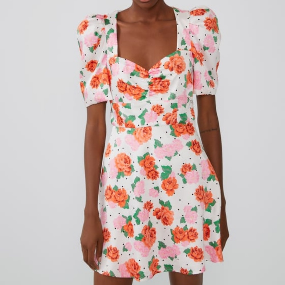 Zara Print Dress Puff Sleeves XS